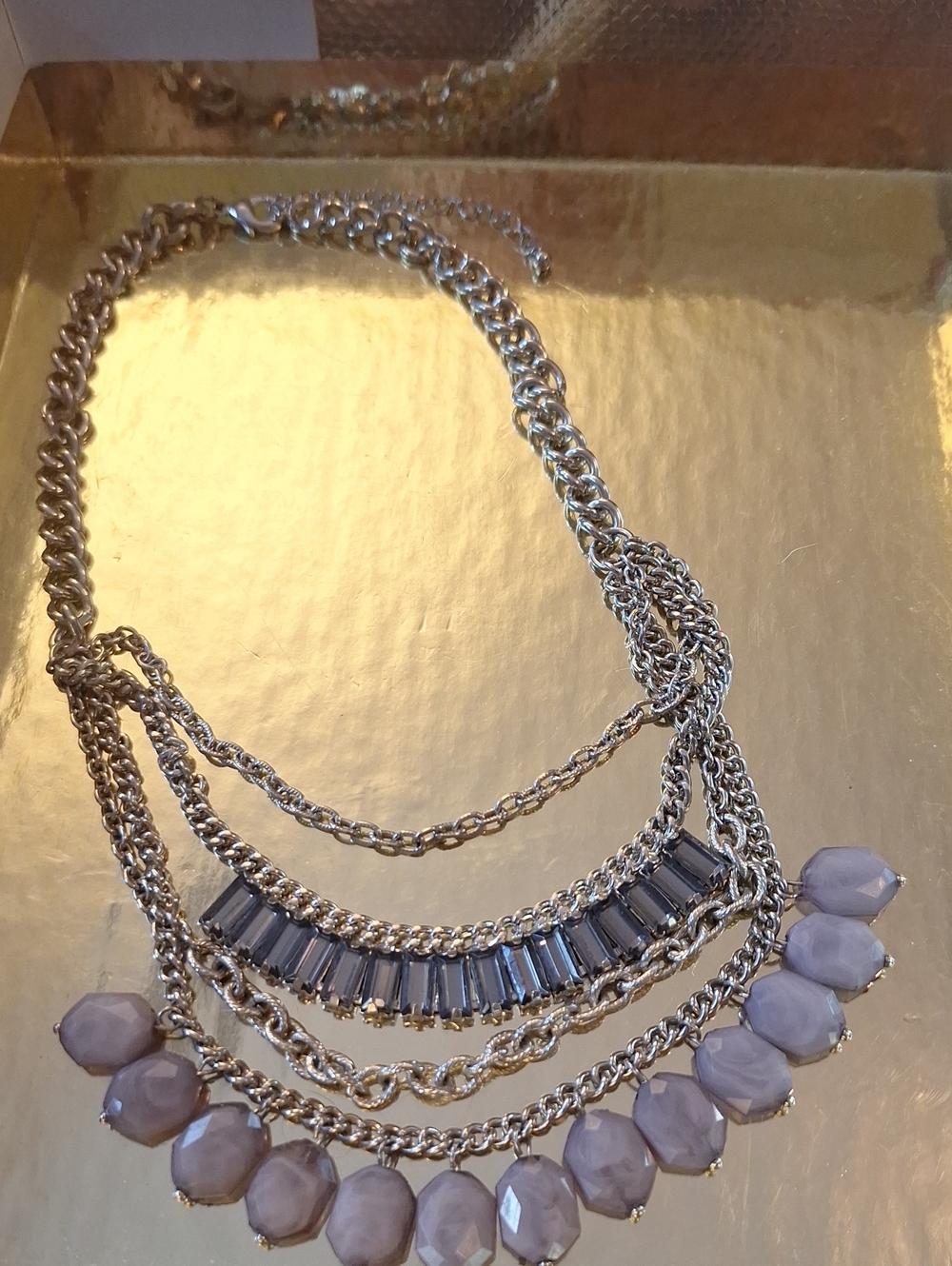 Silver-Tone Statement Necklace with Bluish/Lavender Beads